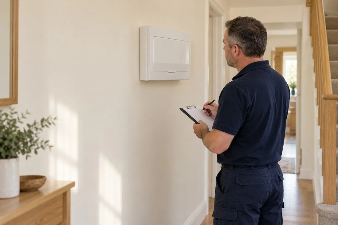 AI-generated illustration of an electrician assessing a closed consumer unit